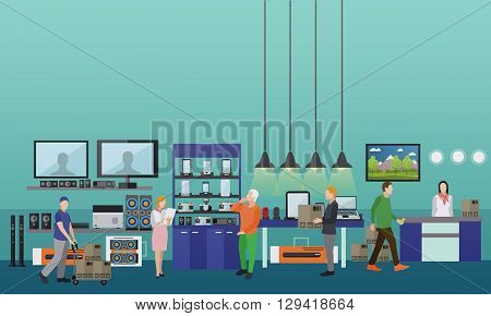 People shopping in a mall. Consumer electronics store Interior vector illustration. Design elements and banners in flat style.