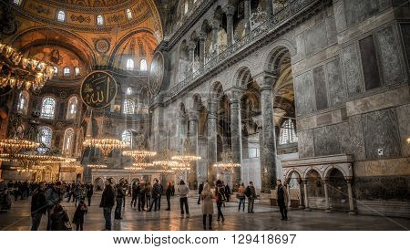Istanbul, Turkey - 11 February, 2013: Interior scene from Hagia Sophia (Ayasofya), historic centre of Istanbul UNESCO World Heritage List, 1985, Turkey, 6th century.