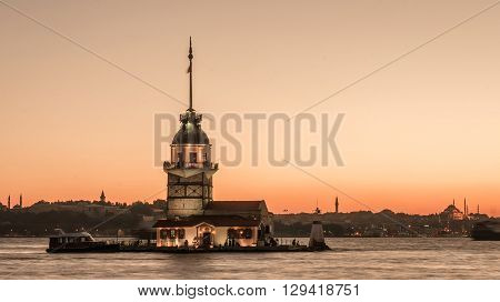 Istanbul, Turkey, September 23, 2012: A view of the Maiden's Tower also known as Leander's Tower as seen from Uskudar in Istanbul. The Maiden's Tower is a tower lying on a small islet located at the southern entrance of the Bosphorus strait 200 m (220 yd)