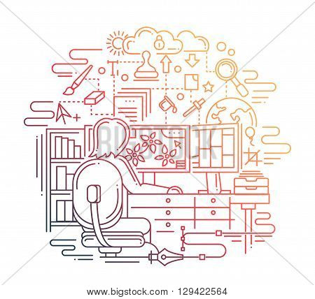 Illustration of vector modern line flat design composition and infographics elements with designer and his workplace - color gradient