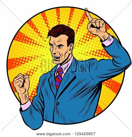 Male speaker politician businessman pop art retro style. Political candidate. Business statement. Motivation and training. Business coach