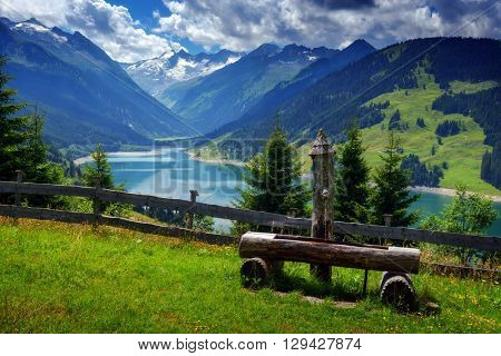 Amazing summer morning on the fantastic Speicher Durlassboden lake. Alps, Austria, Europe.