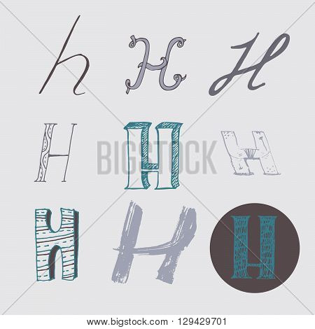 Original letters H set isolated on light gray background. Alphabet symbols editable hand drawn creative in different variations Italic 3d freehand drawn with brush and nib vector Illustration