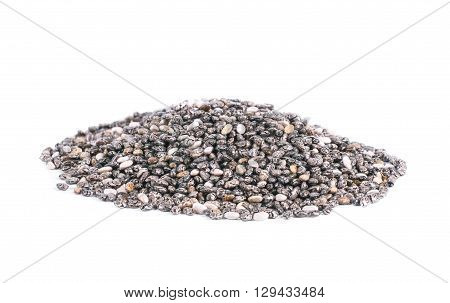 A pile of chia seeds isolated on white background. Selective focus.
