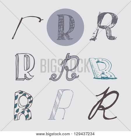 Original letters R set isolated on light gray background. Alphabet symbols editable hand drawn creative in different variations Italic 3d freehand drawn with brush and nib vector Illustration