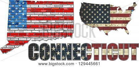 USA state of Connecticut on a brick wall - Illustration,
The flag of the state of Connecticut on brick textured background, 
Connecticut Flag painted on brick wall,
Font with the United States flag, 
Connecticut map on a brick wall
