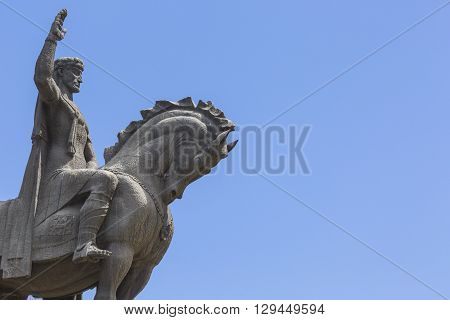 Tbilisi, Georgia - May 07: The Statue Of David The Builder In Front Of The Virgin Mary Metekhi Churc