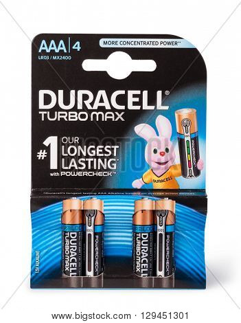Moldova, March 17, 2016. Pack of 4  Duracell alkaline AAA Batteries