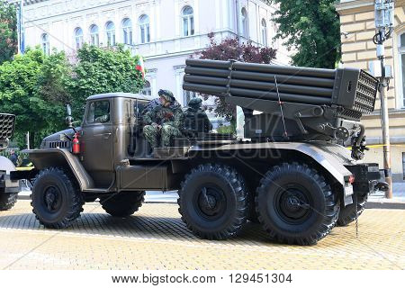 Sofia, Bulgaria - May 06: Day of Valor. Multiple Rocket Launcher System  BM-21 Grad on military hardware parade. On May 06, 2016 in Sofia Bulgaria.