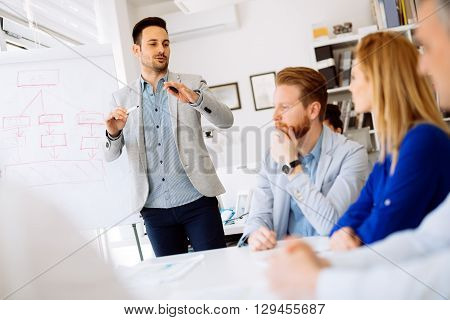 Businesspeople collaborating and talking through new ideas in office