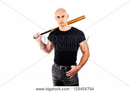 Violence and aggression concept - furious screaming angry man hand holding baseball sport bat in black t-shirt