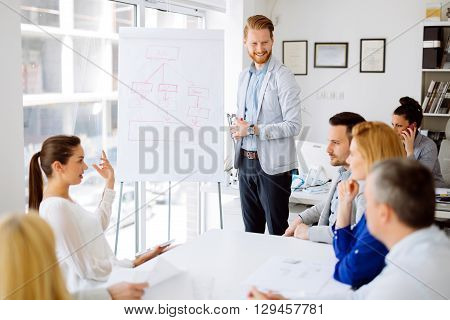 Business plan explained on flipchart by CEO to employees