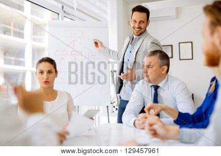 Business plan explained on flipchart by CEO to employees