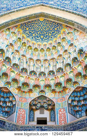 Buckara Uzbekistan - Aprilr 16 2014: Detail of the decorations of the Taqi Sarrafon market in the old city center