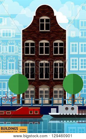 The building is near the river with red and orange bikes and boats in flat style