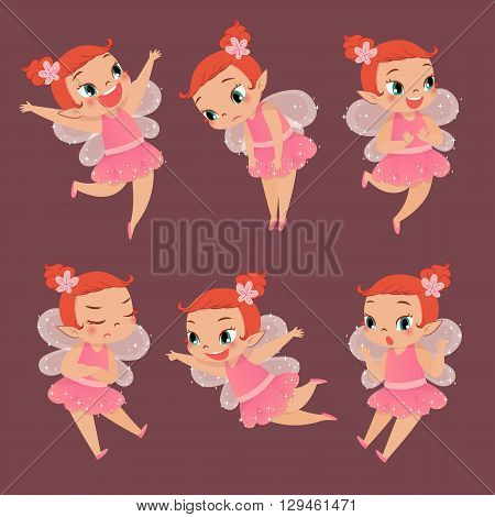 set of cute pink blossom fairy with different emotion