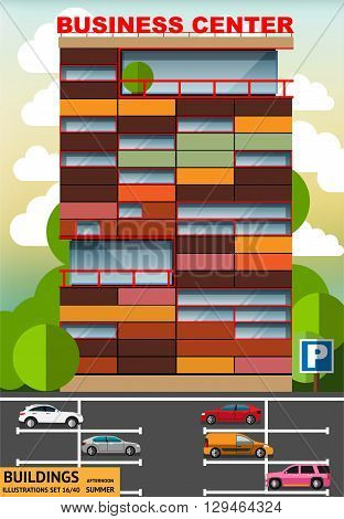 The building of the business center with parking for cars in flat style