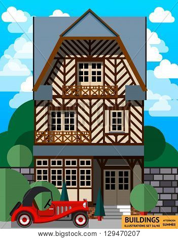 Building with red car in a flat style