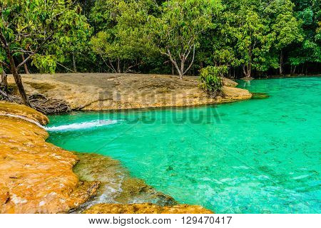 Emerald Pool aka Sa Morakot Khao Pra Bang Khram Wildlife Sanctuary Krabi Thailand. National Park Krabi Thailand tourist destination. Green color tropical lake Southeast Asia