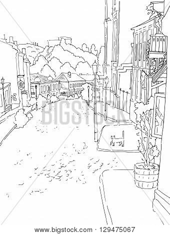 Vector black white sketch of city town the urban landscape of the old street. St. Andrew s in Kiev, Ukraine, buildings, yard