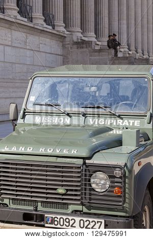 LYON FRANCE - APRIL 6 2015 : French army car parked in front of courthouse to patrol for Plan Vigipirate (France's national security alert system) against possible terrorist attacks.