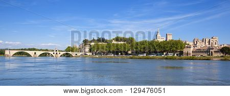 Panoramic view of Avignon Bridge with Popes Palace Pont Saint-Benezet Provence France