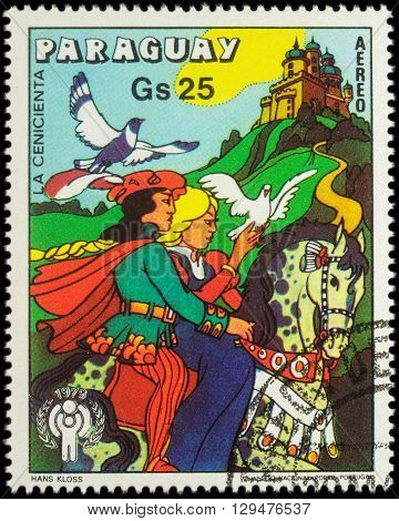 MOSCOW RUSSIA - MAY 11 2016: A stamp printed in Paraguay shows Cinderella and Prince - scene from a fairy tale series 