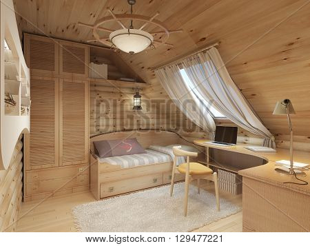 Children for a teenager in a log house in the attic. Children's furniture in marine style. Bed wardrobe and desk. 3D render.