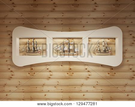 White shelves with niches with models of sea vessels on the log wall. 3D render.