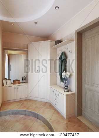 Hallway in modern style with hangers a mirror dressing table and a large sliding closet. 3D render.