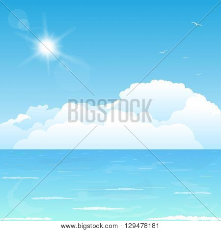 Bright and big puffy clouds lying on the blue sea.