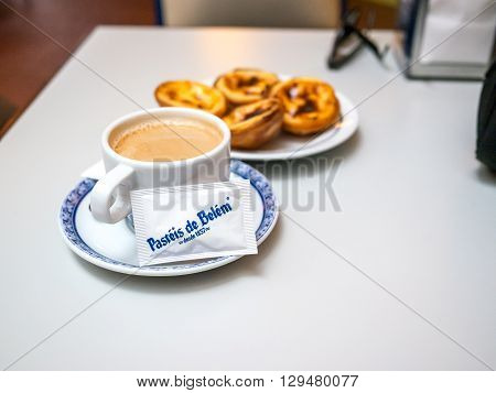Belem, Portugal - April 28 2014: Sugar of Pasteis de Belem (Pastries of Belem) store. The pastries of this shop are well known around the world and a touristic destination.
