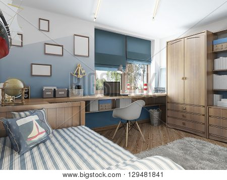 Modern children's room for a teenager in a nautical style with furniture decoration under the captain's cabin. 3D render.