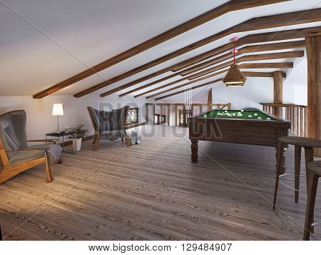 Billiard room with two comfortable chairs and a fireplace in the loft style. Billiard room on the second level living area with a handrail in a rustic style. 3D render.