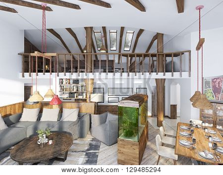 Large studio in a loft style with wooden furniture and elements. The two-level lounge in a modern style. 3D render.
