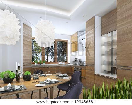 Modern kitchen in the dining room Contemporary style. kitchen facades of light wood with a hood over the stove and built-in appliances. Metal working surface. 3D render.