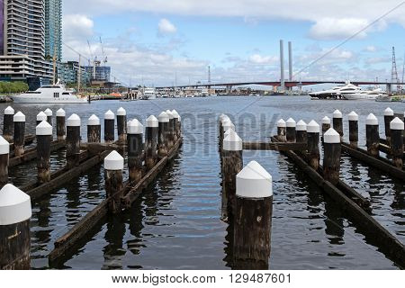 Wooden poles at the Melbourne Docklands in Melbourne, Victoria Harbour in Australia with the view of Bolte Bridge in the background