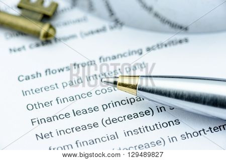 Blue ballpoint pen on a firm's annual report when the statement of cash flows has been analysed by the company's individual financial analyst. Financial business and investment analysis concept.