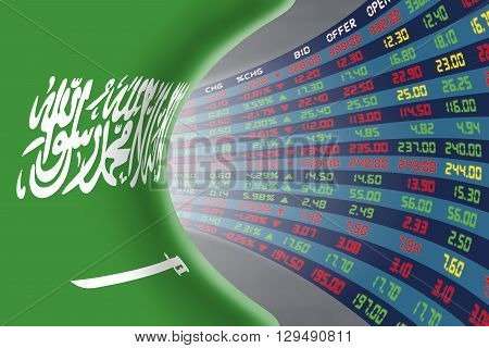 National flag of Saudi Arabia with a large display of daily stock market price and quotations during normal economic period. The fate and mystery of Riyadh stock market tunnel/corridor concept.