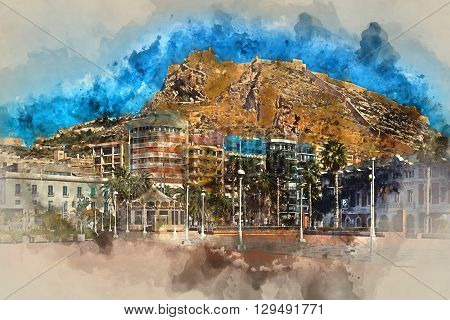 Digital watercolor painting of a Mount Benacantil with a Castle of Santa Barbara (Castillo de Santa Barbara)- fortification in the centre of Alicante city. Valencian Community Costa Blanca. Spain