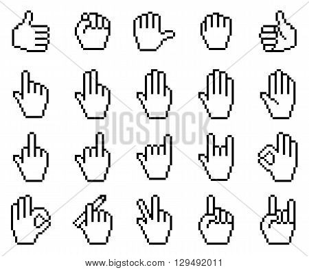 Set of unusual pixelated hand icons. Vector illustration