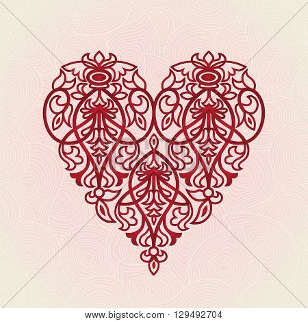 Ornate Red Heart On Pink Seamless Background.