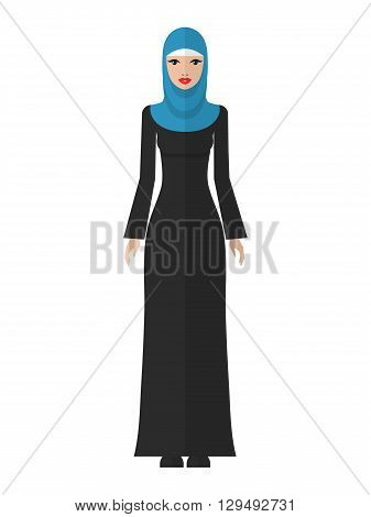 Vector flat illustration of a beautiful young muslim woman isolated. Arab woman icon. Muslim woman in hijab.