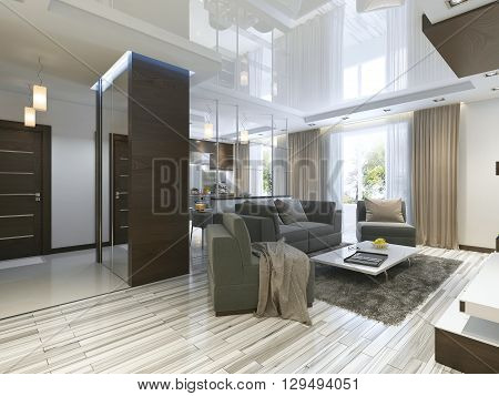 Luxury living room studio in a modern style with comfortable armchairs and a sofa in olive green. Studio apartment with kitchen and living room and a hallway with cloakroom. 3D render.