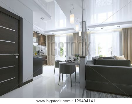 Dining in a studio apartment with a dining table and chairs for three people. Dining table served in a contemporary style. 3D render.