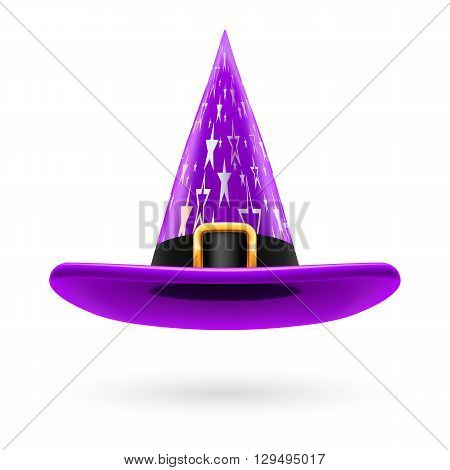 Violet witch hat with golden buckle hatband and silver stars ornament