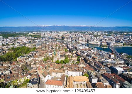 Aerial View Of  Geneva City Old Town In Switzerland