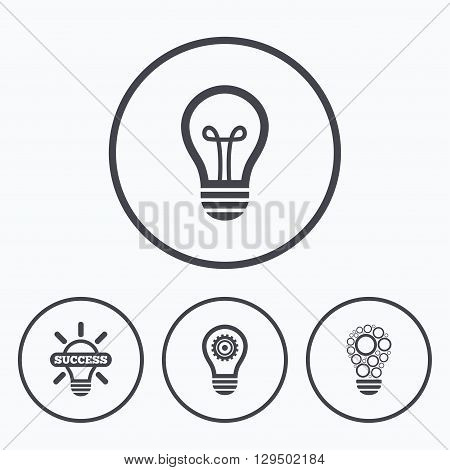 Light lamp icons. Circles lamp bulb symbols. Energy saving with cogwheel gear. Idea and success sign. Icons in circles.