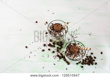 Creamy Coffee cocktail in glasses copy space. Chocolate cocktail. Chocolate drink. Cocoa cocktail. Cocoa drink. Coffee cocktail. Chocolate dessert. Coffee dessert
