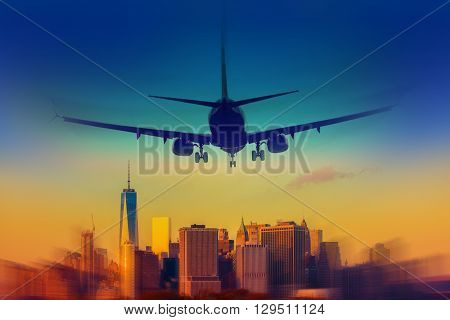 New York City Destination Abstract Concept. Landing Airplane in the New York.